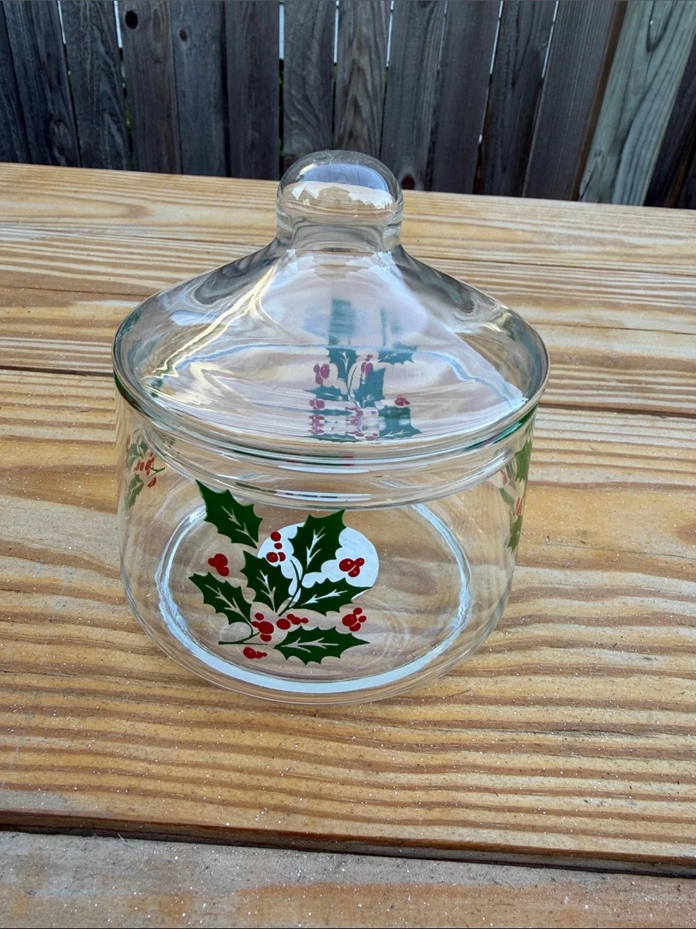 Vintage Indiana Glass Holiday Candy Jar with Holly Design - 5979